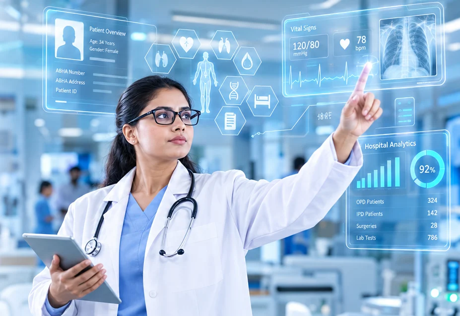 A doctor reaching toward holographic patient vitals and hospital analytics